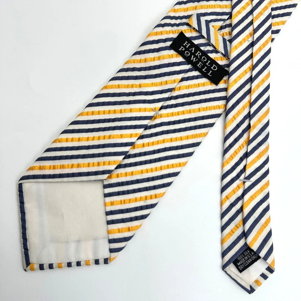 Harold Powell Seersucker Necktie Mens Navy Yellow Repp Striped Silk USA 58x3.5